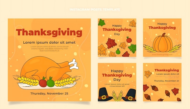 Photo hand drawn flat thanksgiving instagram posts collection