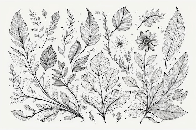 Hand Drawn Floral Leaf Decorative Elements Line Art Doodle