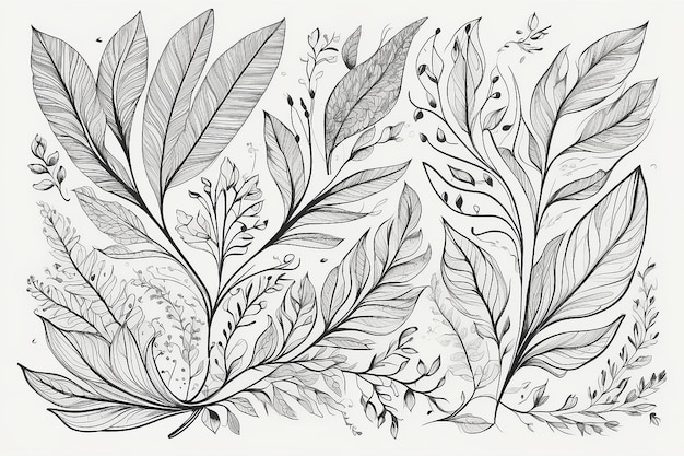 Photo hand drawn floral leaf decorative elements line art doodle