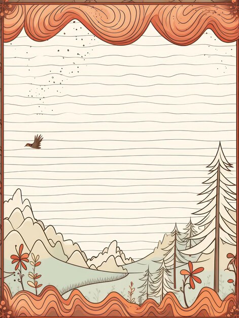 Photo hand drawn forest landscape with a bird flying in the sky with a space for writing