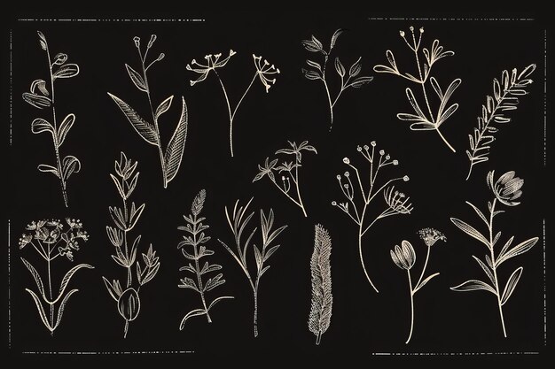 Photo hand drawn gold flowers leaves branches and herbs isolated on a black background vintage botanical illustration for prints fabrics wallpapers etc