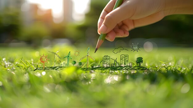 Hand Drawn Green Energy Symbols in Sustainable Urban Cityscape