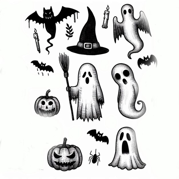 Photo hand drawn halloween ghosts collection illustration