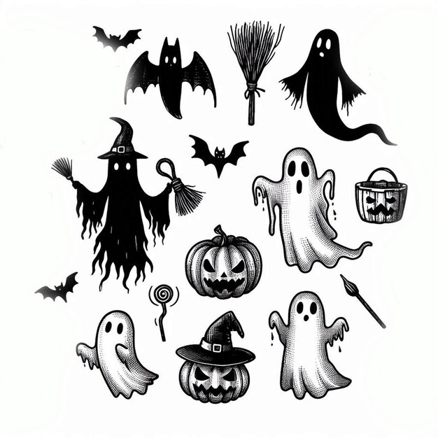 Photo hand drawn halloween ghosts collection illustration