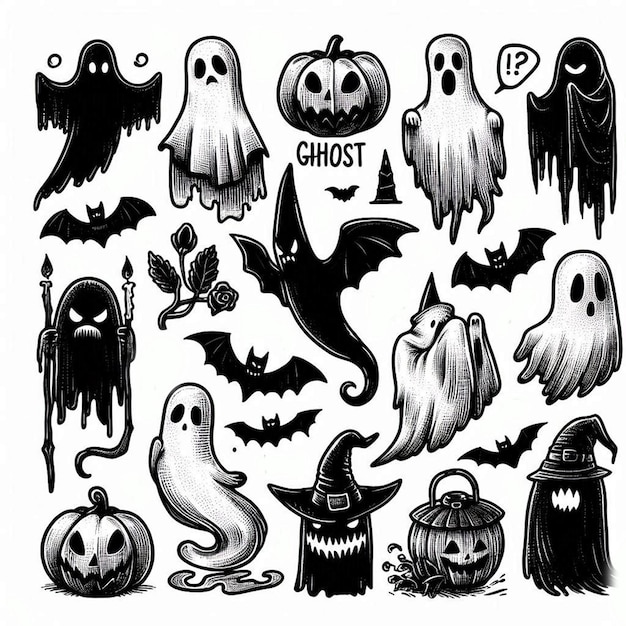 Photo hand drawn halloween ghosts collection illustration