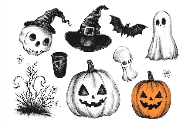 Photo hand drawn halloween illustration set