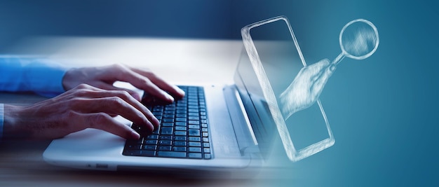 Hand-drawn hand holding a magnifying glass. man working in front of a laptop