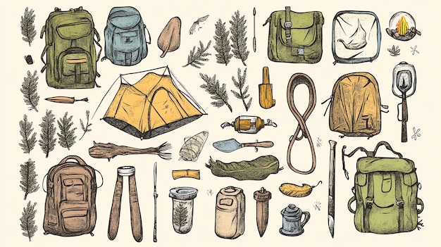 Hand drawn illustration of camping gear and equipment