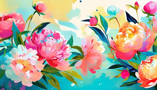 Hand drawn illustration of charming peonies Abstract painting of vibrant spring flowers