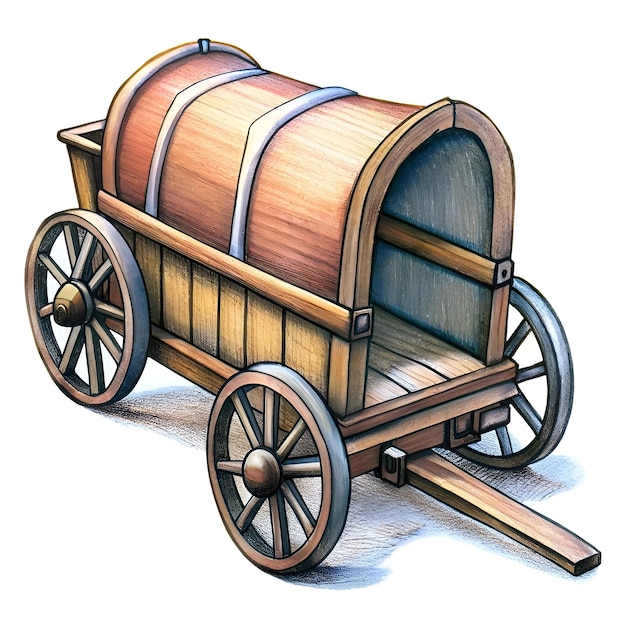 A hand drawn illustration of a classic wooden wagon with a distinctive barrel shaped body