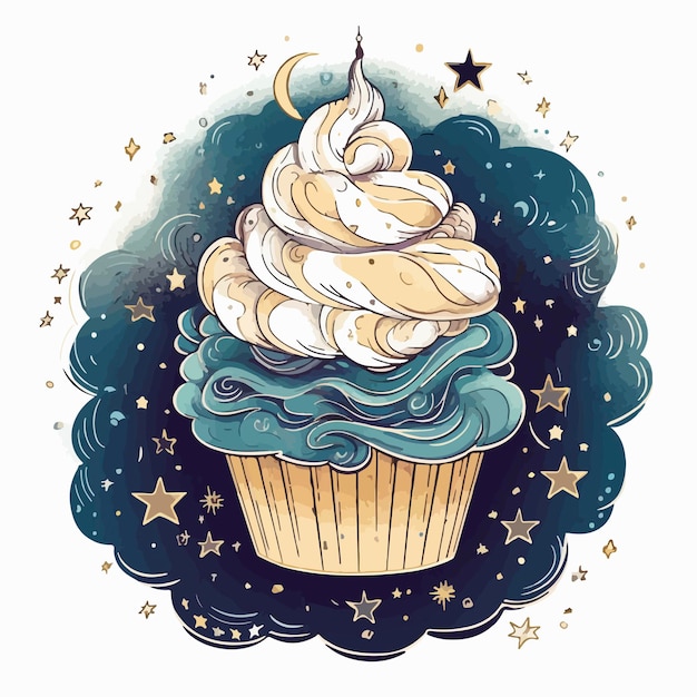 Hand drawn illustration of a cupcake with a moon and stars.