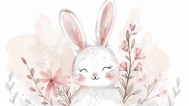 hand drawn illustration of a cute and happy bunny in minimalistic style