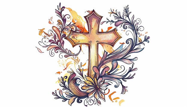 Photo hand drawn illustration of an easter cross isolated on a white background