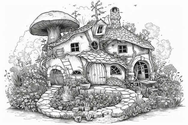 Hand drawn illustration of a fairytale house in the garden Illustration for coloring book