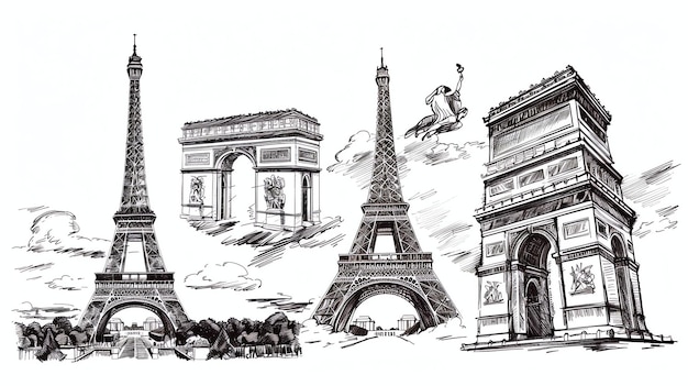 Photo hand drawn illustration of famous parisian landmarks