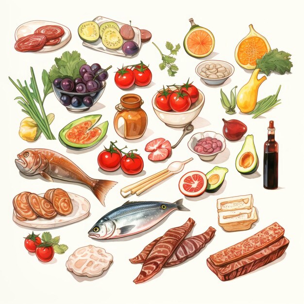 Photo hand drawn illustration of mediterraneaninspired food for a healthy and balanced diet