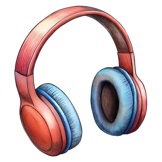 Photo hand drawn illustration of red headphones with blue accents