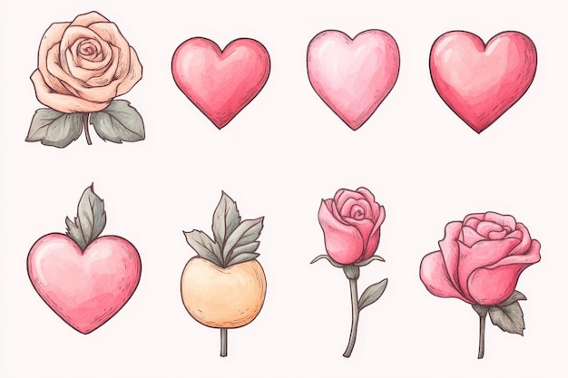 Photo hand drawn illustration of roses and hearts