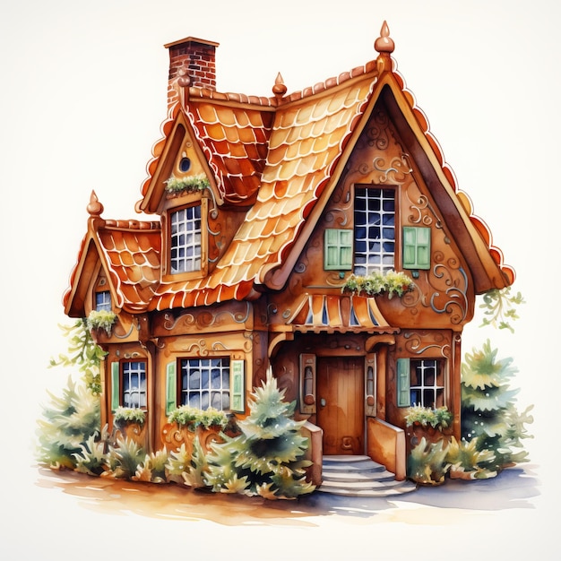 Hand drawn illustration of a rustic wooden house with christmas decorations