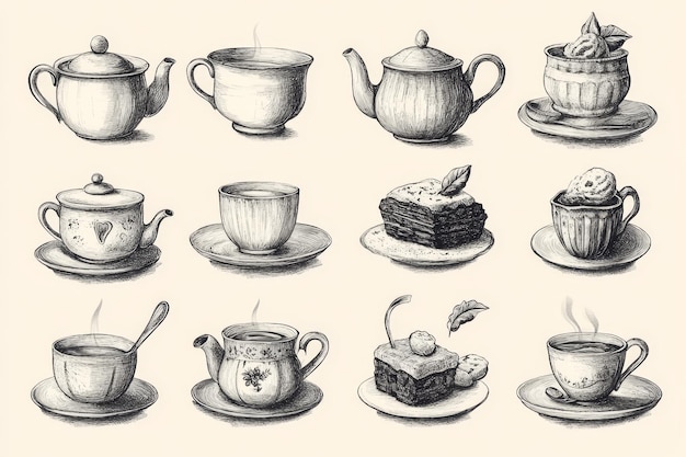 Photo hand drawn illustration of tea and dessert