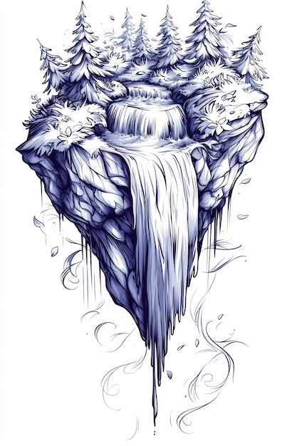 Photo hand drawn illustration of a waterfall on a floating island