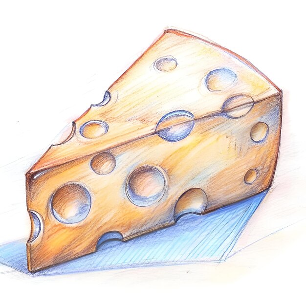 Photo a hand drawn illustration of a wedge of swiss cheese with large detailed holes