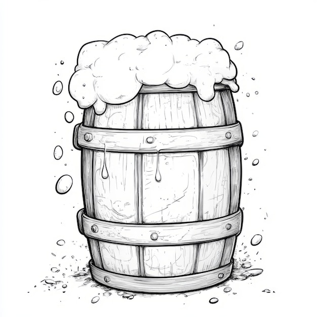 Photo hand drawn illustration of a wooden barrel overflowing with beer