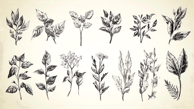 Photo hand drawn illustrations of various leaf branches in black and white