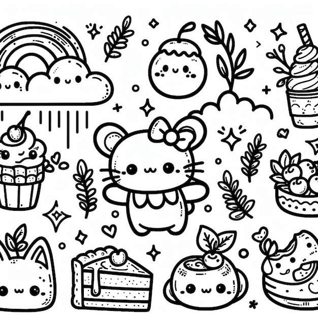 Photo hand drawn kawaii coloring book illustration