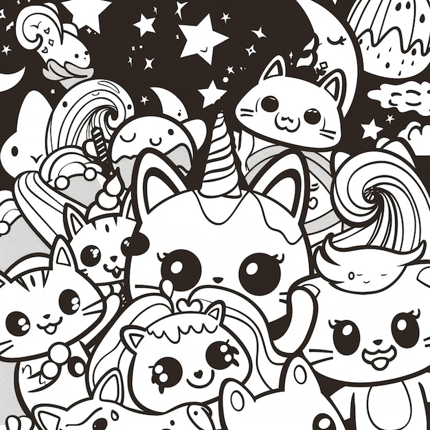 Hand drawn kawaii coloring book illustration