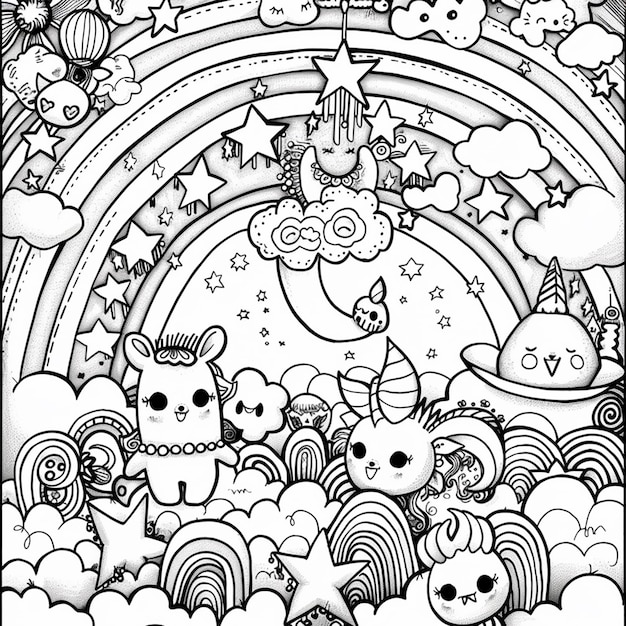 Hand drawn kawaii coloring book illustration