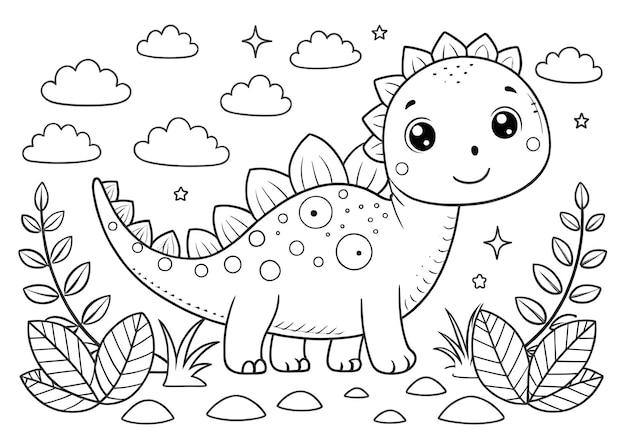 Photo hand drawn kawaii coloring book with dinosaur ai generated