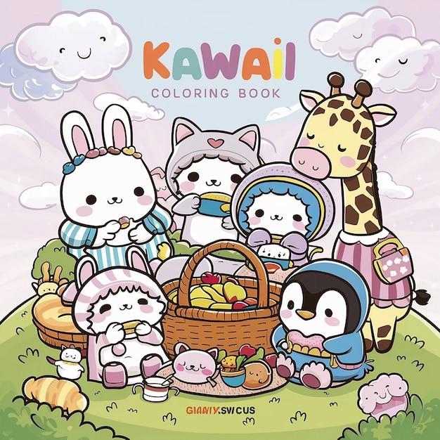 Hand drawn kawaii coloring cartoon image poster for the san diego zoo featuring a group of animals