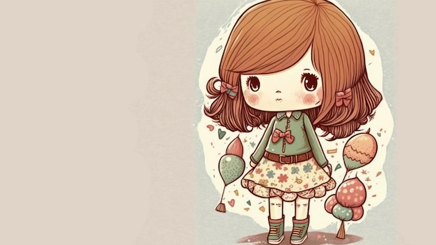 Hand drawn kawaii cute girl illustration with copy space background