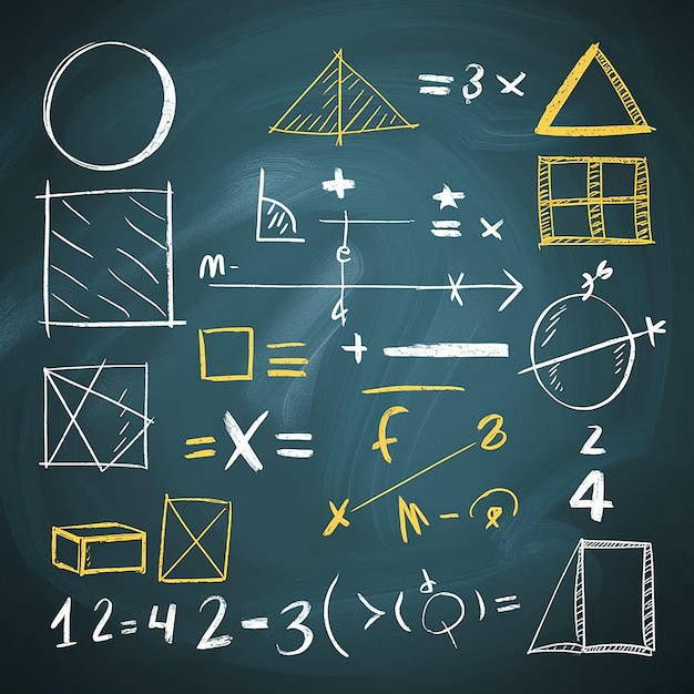 Photo hand drawn math signs on chalk board graphic and formula mathematical geometric symbols