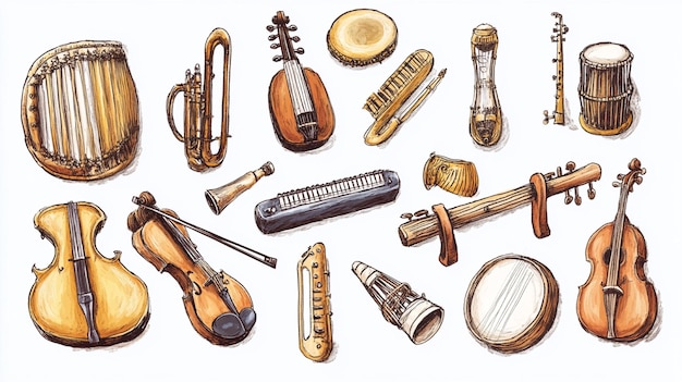 Photo hand drawn musical instruments music isolated on white