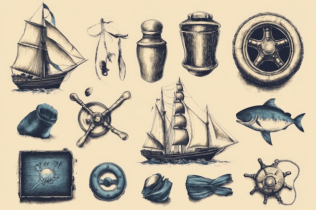 Photo hand drawn nautical illustrations collection