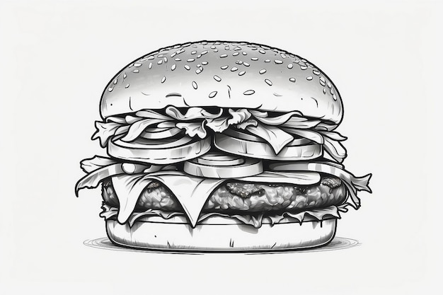 Hand drawn outline of burger on a plate on white background