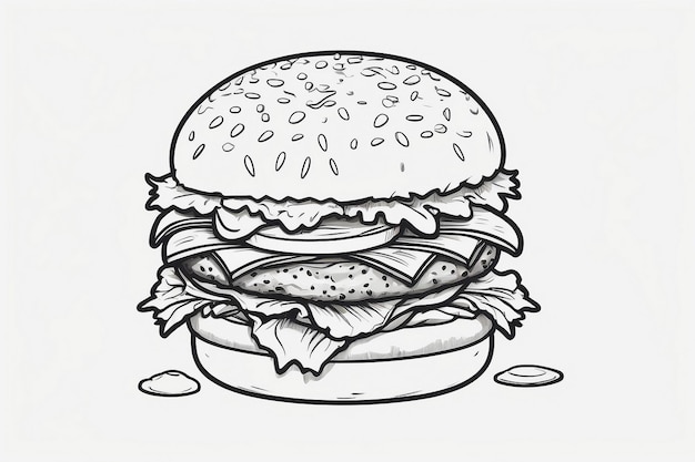 Hand drawn outline of burger on a plate on white background