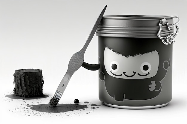 Hand drawn paint can character with brush in his hands on white background