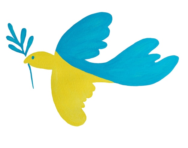 Hand drawn painted dove of peace in yellow and blue Pray for Ukraine Peace to Ukraine