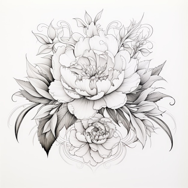 Hand drawn peony flower Black and white drawing Vector illustration