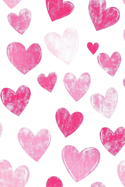 Hand drawn pink and red watercolor hearts of varying sizes with soft gradients on a white background