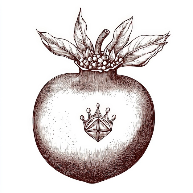 Photo hand drawn pomegranate with crown and leaves vector illustration