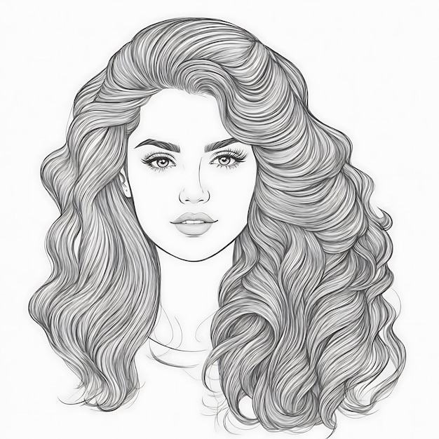 Photo hand drawn portrait of beautiful young girl sketch with long wavy hair and pencil drawing for woman