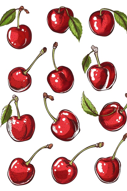 Photo hand drawn red cherry illustrations on white background