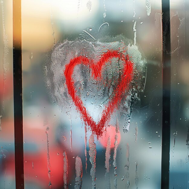 Photo hand drawn red love heart on a foggy window pane representing warmth and affection on a cold day