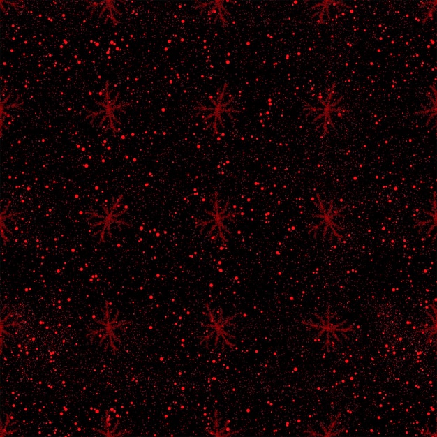 Hand Drawn red Snowflakes Christmas Seamless Pattern. Subtle Flying Snow Flakes on black Background. Divine chalk handdrawn snow overlay. Remarkable holiday season decoration.