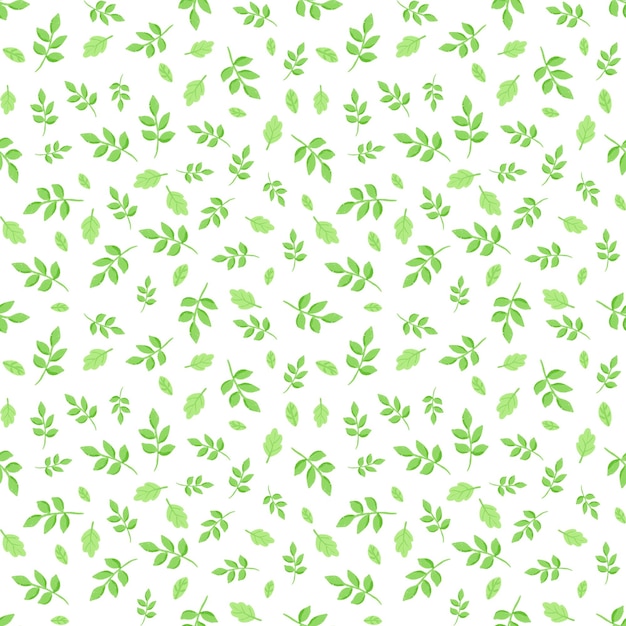 Hand drawn seamless pattern of many little green leaves on white backdrop