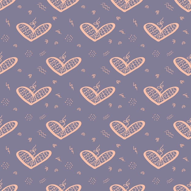 Hand drawn seamless pattern for Valentines Day on violet background. Can be used for wallpaper, pattern fills, web page background,surface textures.